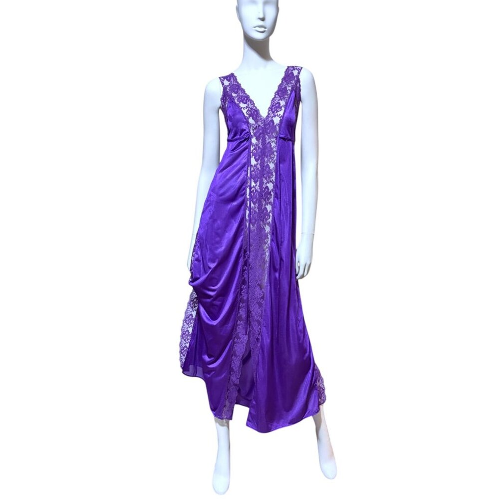 Vintage Lace Maxi Slip Dress M Deep Plunge Babydoll Lace Panels Tie Front Siren